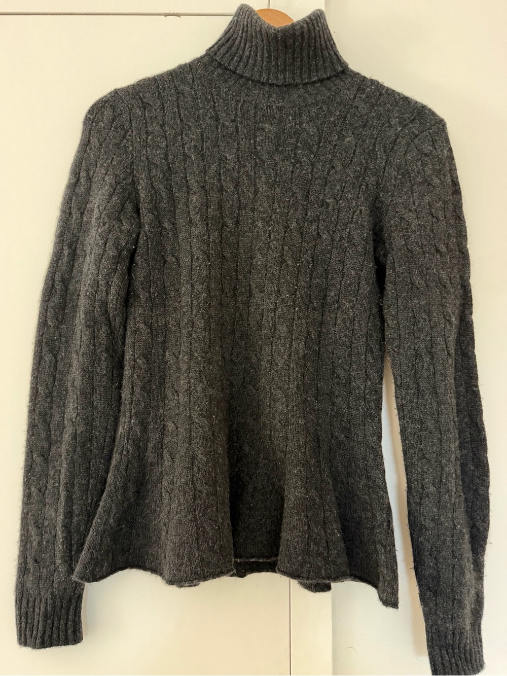 Ralph Lauren Cashmere Dark Gray Cable Knit Peplum Turtleneck Sweater